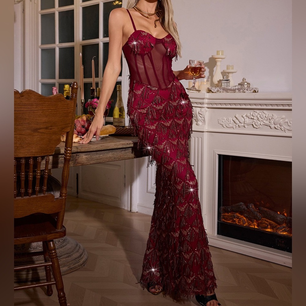 NWT Mew Mews Sequin Fringe Maxi Dress Ottis in Red, Size Small